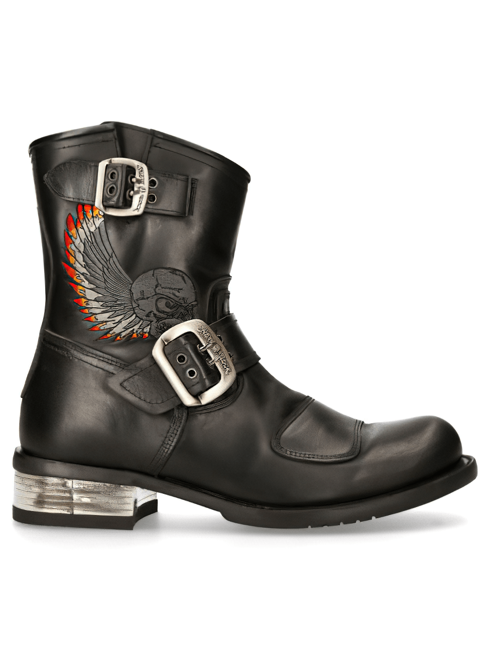 NEW ROCK rugged black biker ankle boots featuring buckles and a stylish wing design.