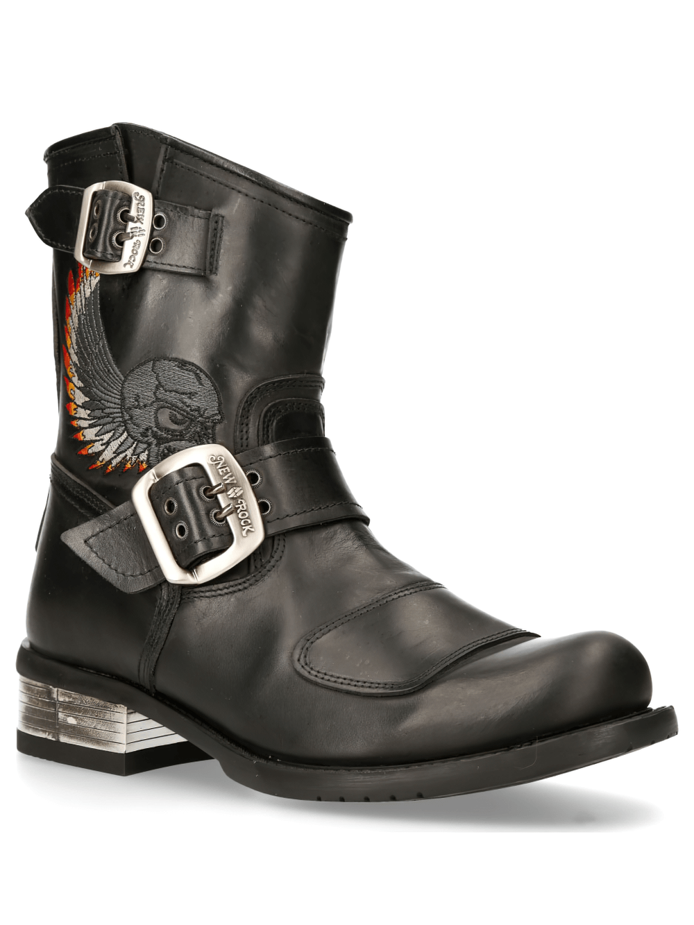 New Rock rugged black biker boots for men with buckles and eagle design, crafted from genuine leather.