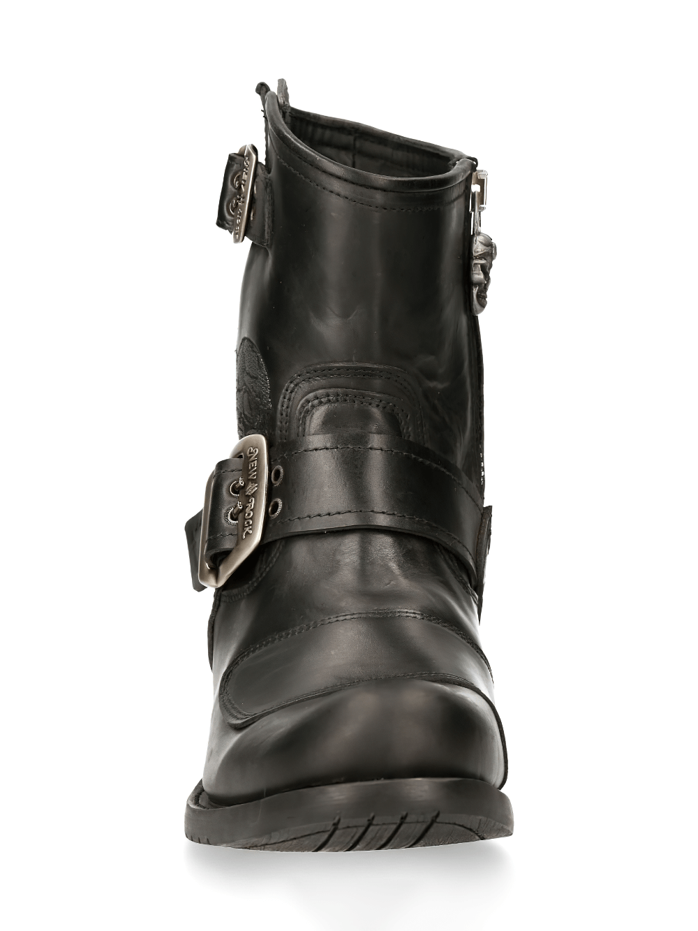 NEW ROCK Black Buckled Biker Boots for Men, showcasing durable leather and stylish design for the modern gentleman.