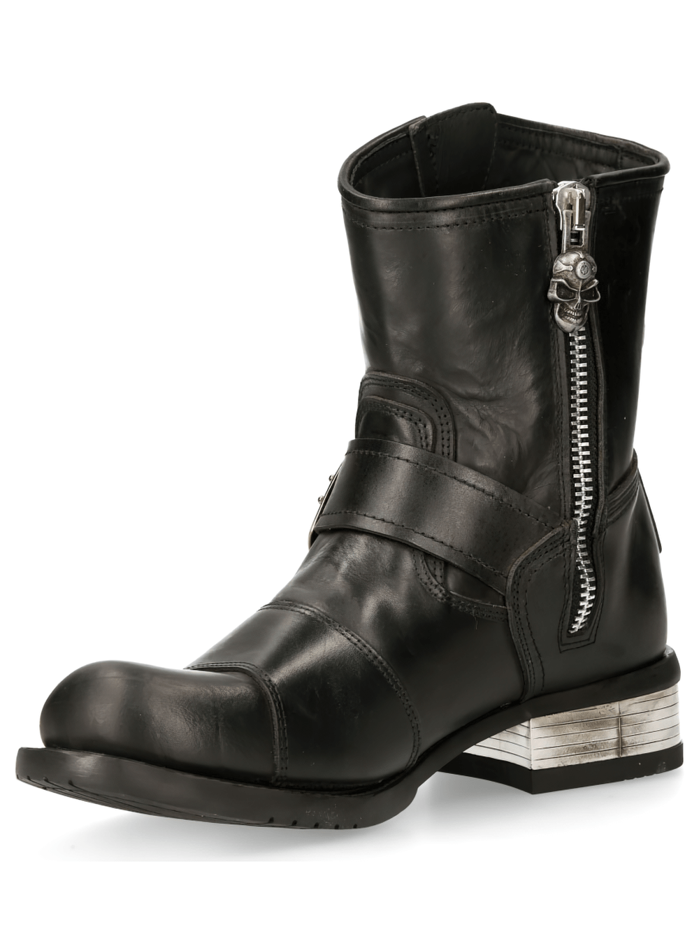 NEW ROCK rugged black buckled biker boots for men, crafted from genuine leather with a stylish design and solid rubber sole.