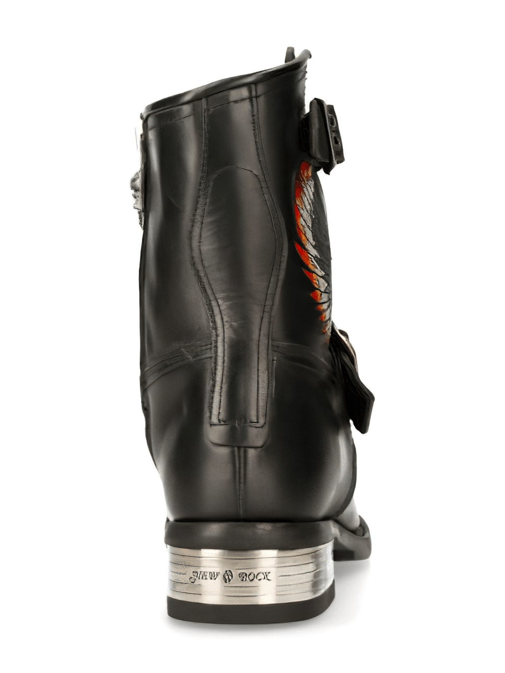 Back view of NEW ROCK rugged black buckled biker boots for men, showcasing intricate detailing and stylish design.