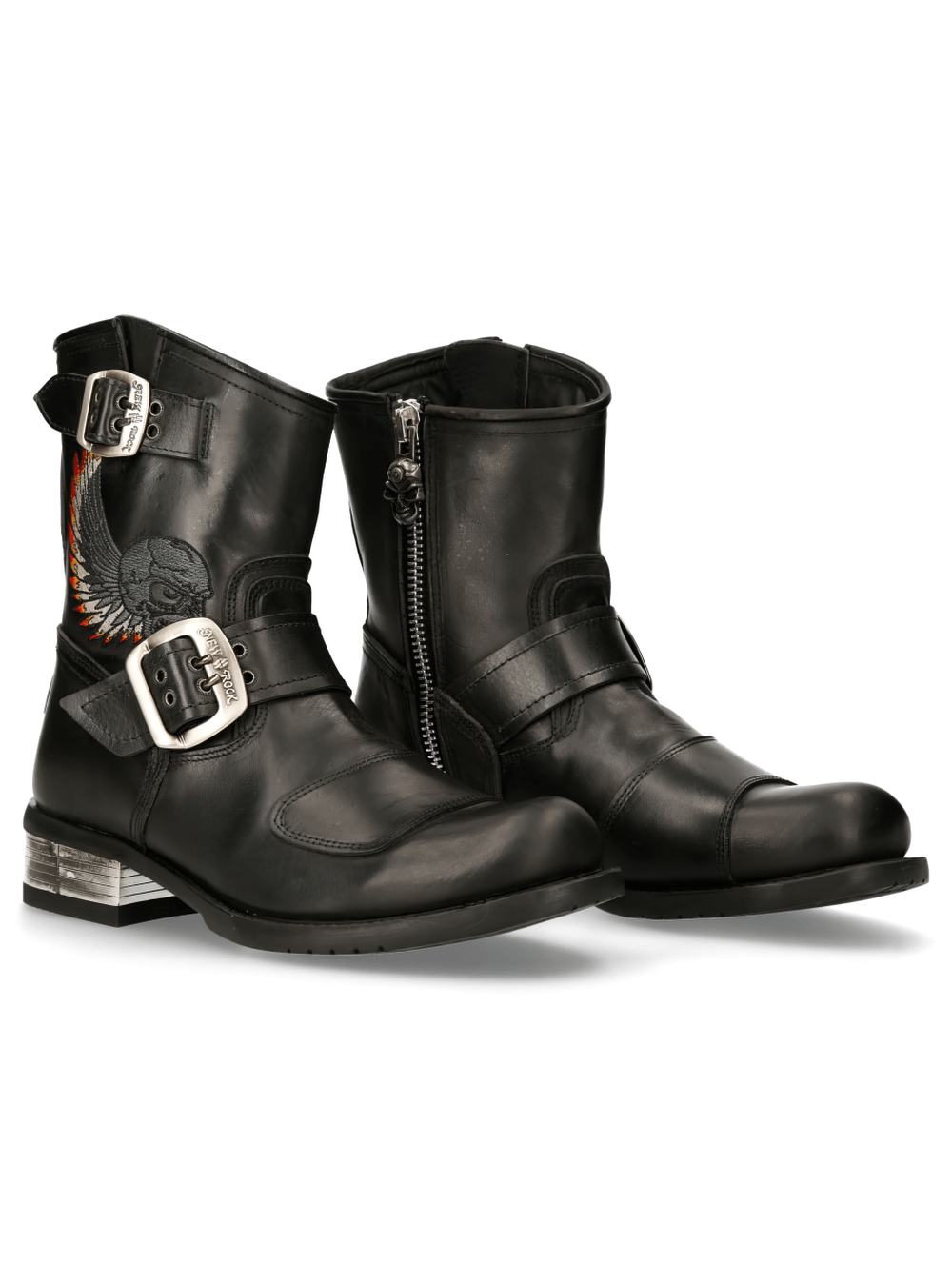 NEW ROCK Black Buckled Biker Boots for Men, crafted in leather with a stylish design and durable rubber sole.