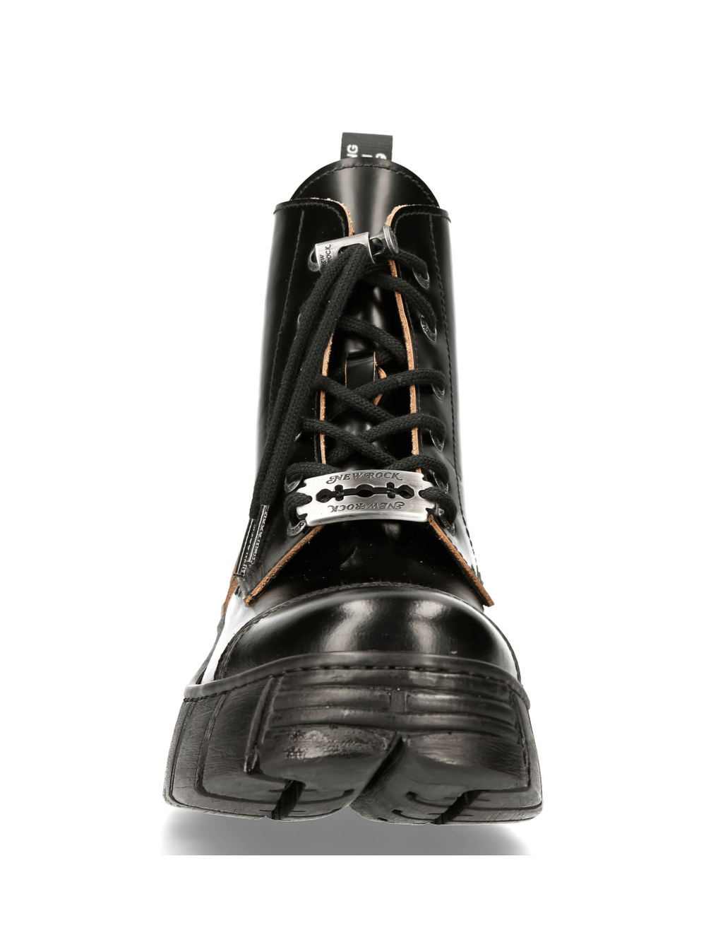 Front view of NEW ROCK rugged black leather lace-up ankle boots with a durable sole and stylish design.