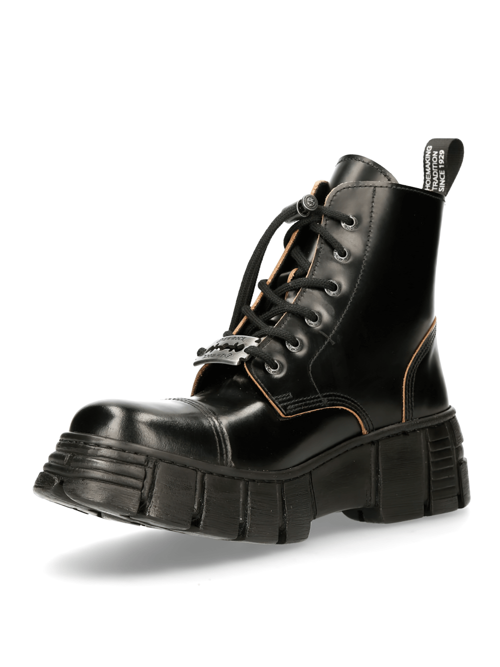 Rugged black leather lace-up ankle boots with a chunky sole, perfect for urban rock enthusiasts.
