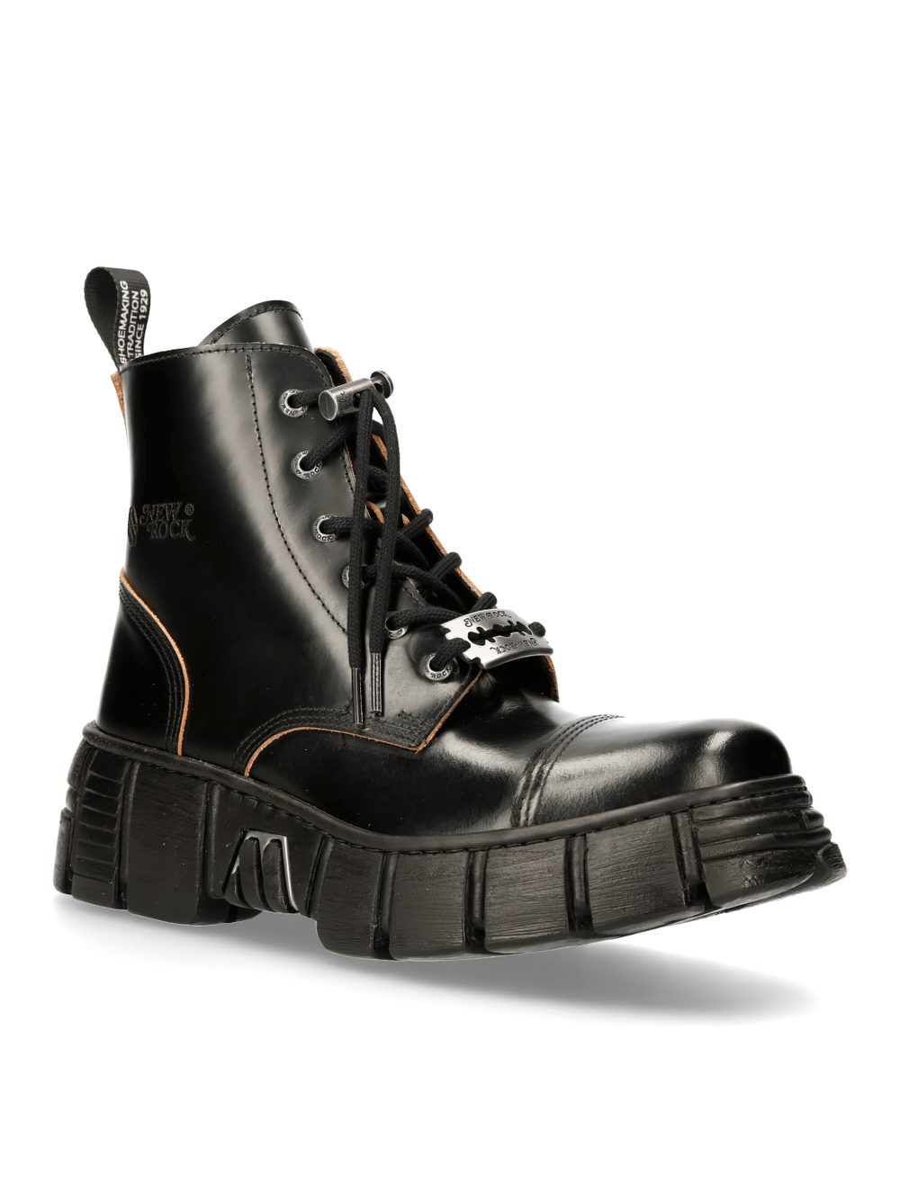 NEW ROCK black leather lace-up ankle boots with chunky sole for urban adventures and rock style.