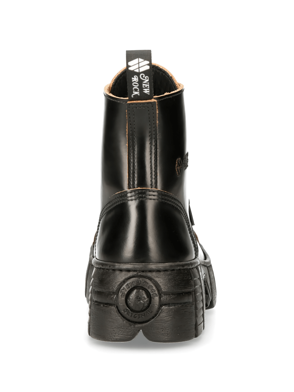 Rear view of NEW ROCK Men's Rugged Black Leather Lace-Up Ankle Boots showcasing durable design and striking features.