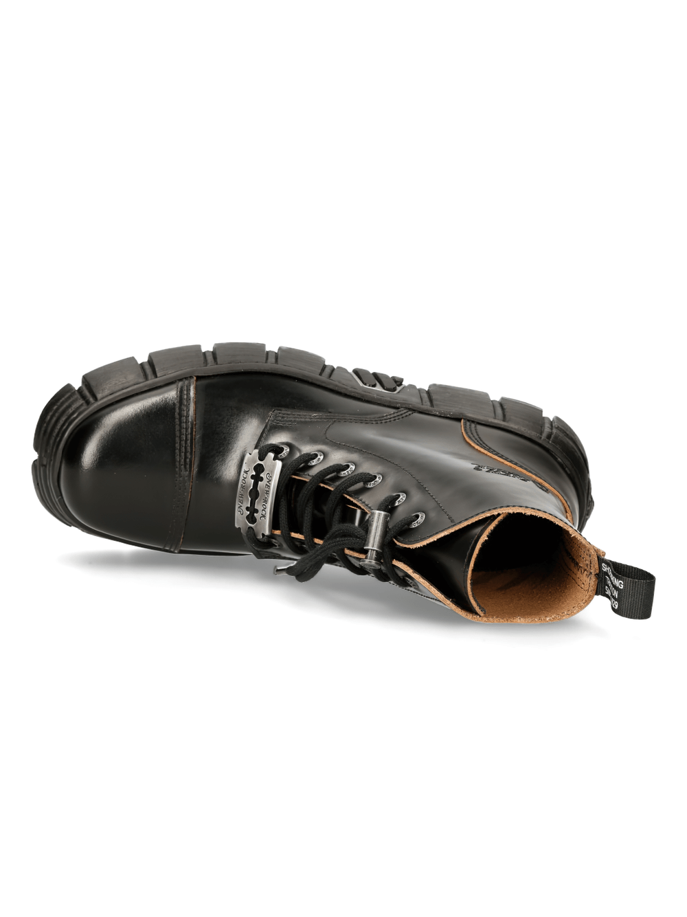 NEW ROCK Black Leather Lace-Up Ankle Boot showcasing rugged design and sturdy PU-Ultra sole.