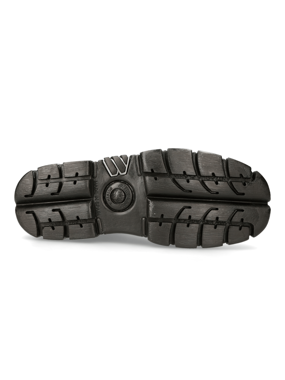 Bottom view of NEW ROCK rugged black leather ankle boots showcasing durable PU-Ultra sole for ultimate traction.