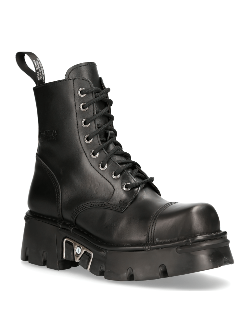 NEW ROCK men's black military lace-up ankle boots with rugged sole and stylish design.