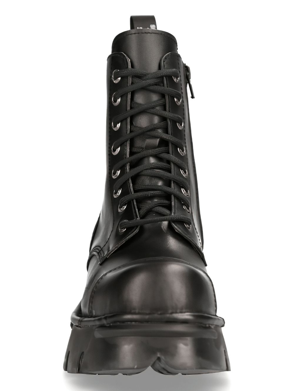 Front view of NEW ROCK Men's black leather military lace-up ankle boots with internal zip and durable sole.