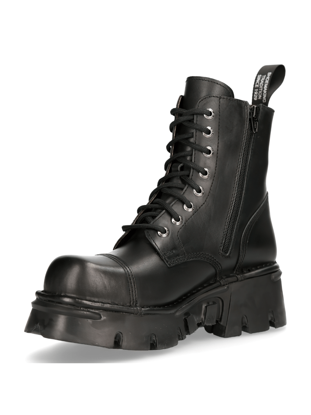 Stylish black military lace-up ankle boots with zip and rugged sole for edgy everyday wear.