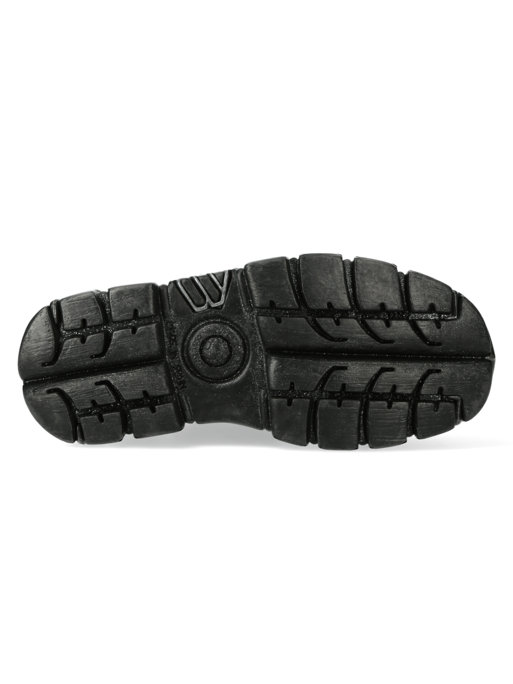 Sole of NEW ROCK Men's Rugged Black Platform Boots showcasing durable tread design for grip and stability.