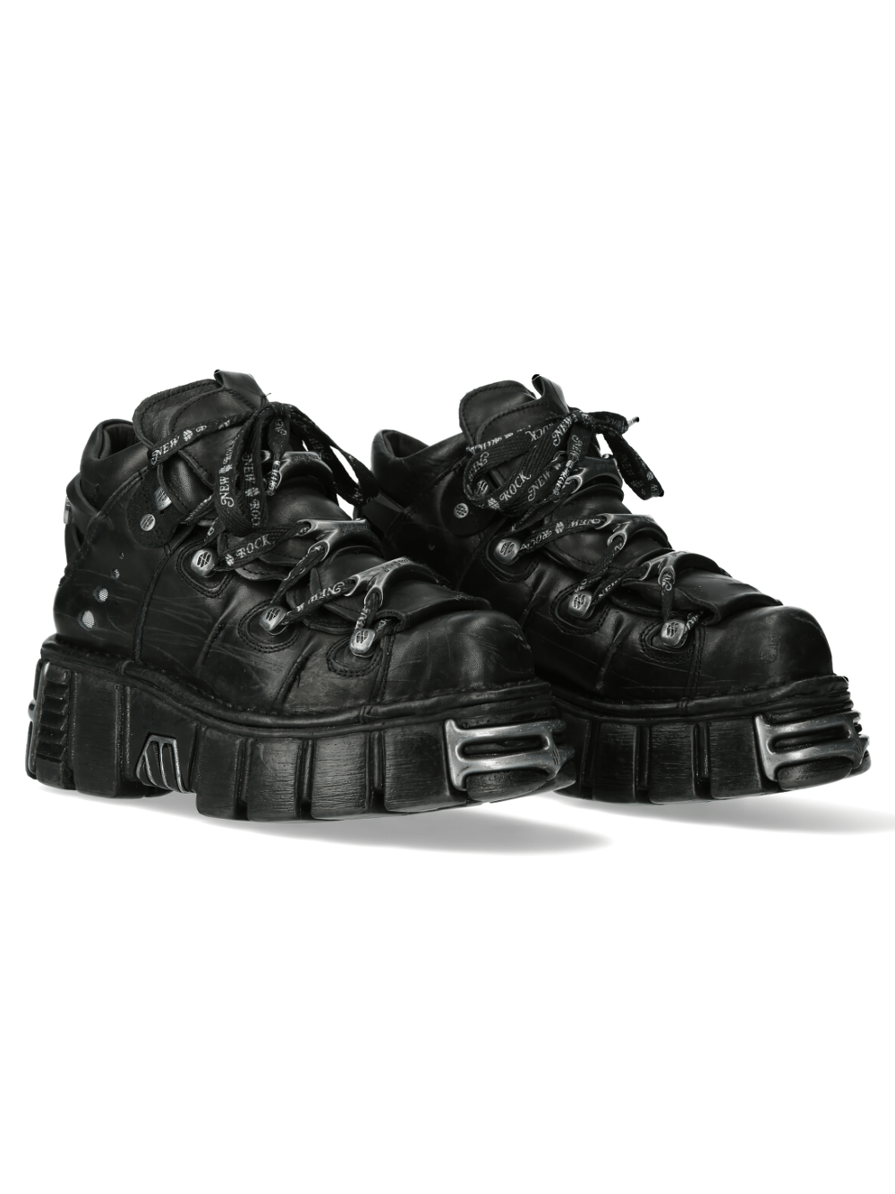 NEW ROCK Men's Rugged Black Platform Boots, stylish urban footwear with a punk edge and metallic accents.