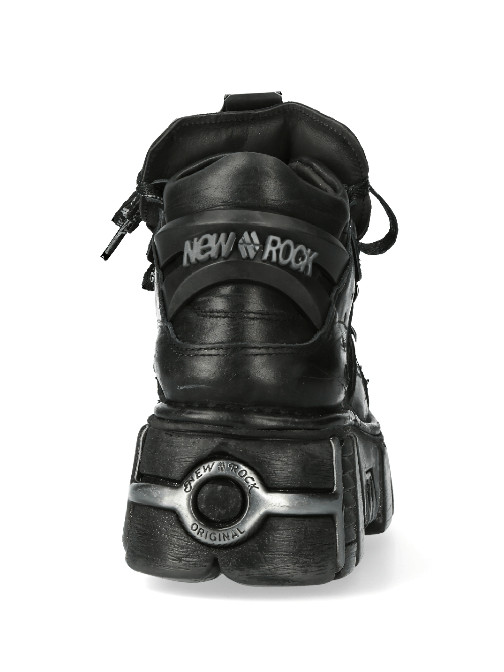 Back view of NEW ROCK Men's Rugged Black Platform Boots featuring metallic details and iconic logo.