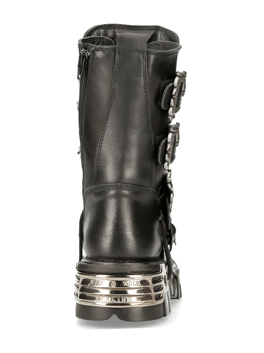 NEW ROCK Men's Rugged Black Reactor Buckle-Laced Boots with metallic detailing and buckle fastenings, perfect for bold fashion statements.