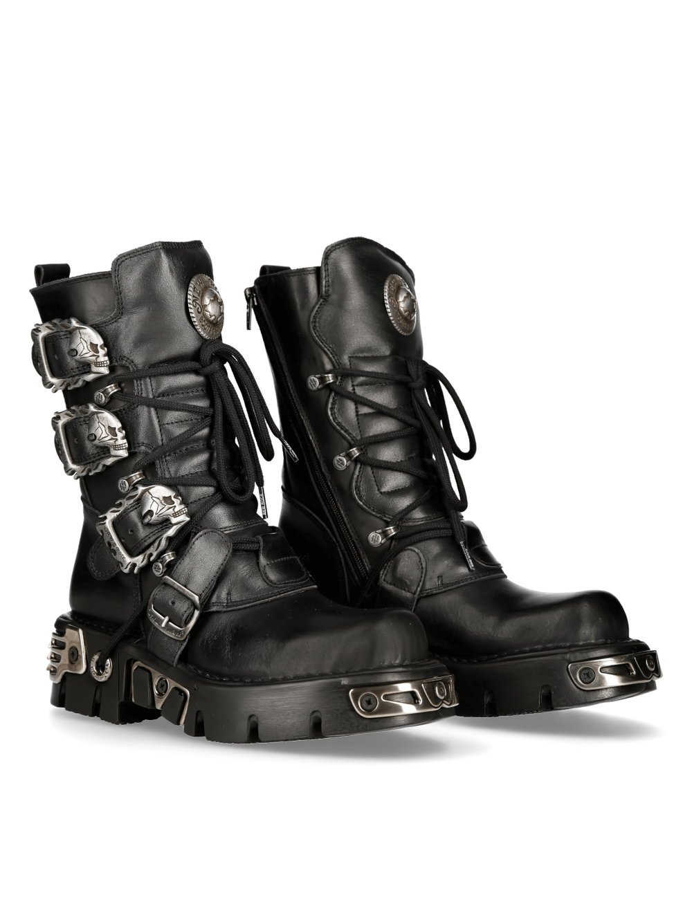 NEW ROCK Men's Rugged Black Reactor Buckle-Laced Boots with metallic details and lace-up design for a bold fashion statement.