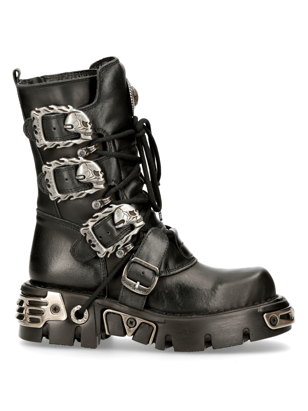 NEW ROCK Men's Rugged Black Reactor Buckle-Laced Boots, featuring metallic buckles and gothic design for a bold style.
