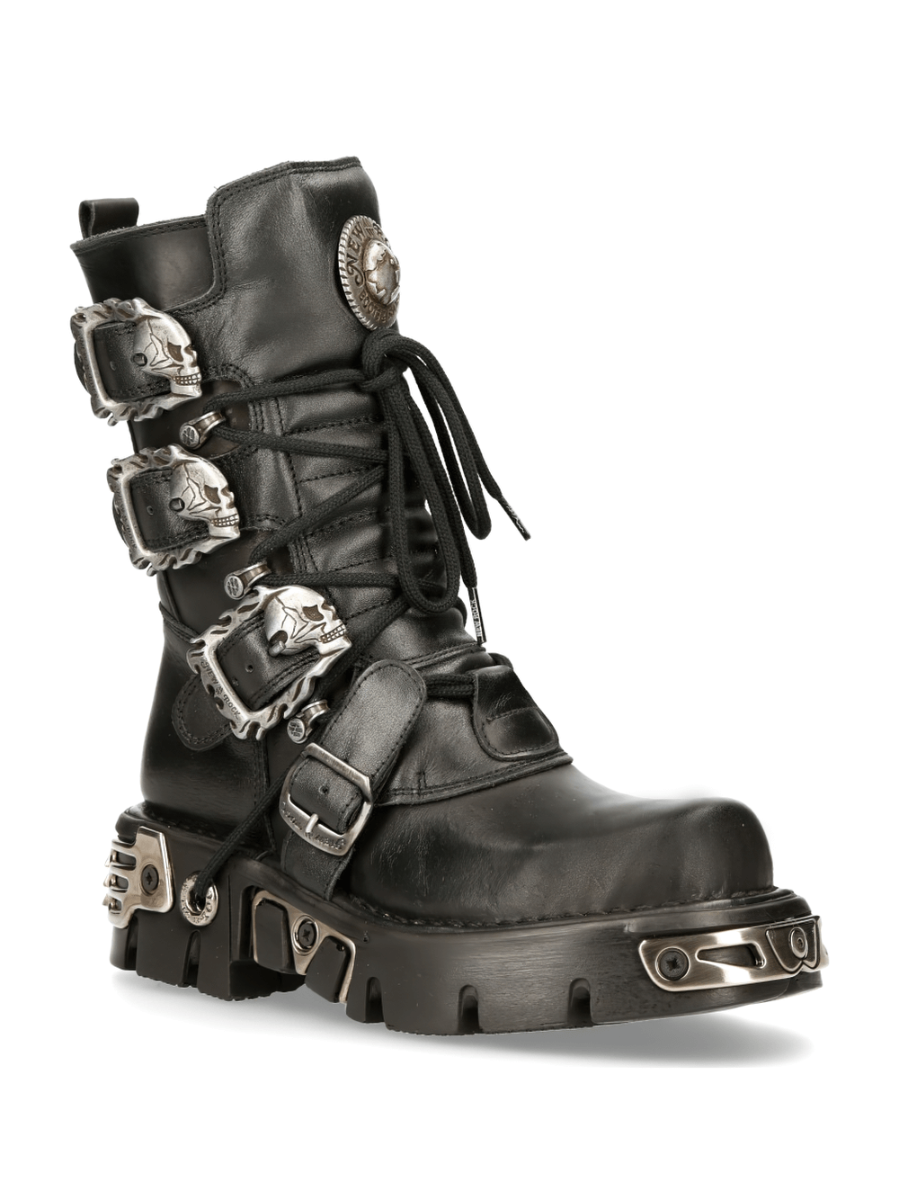 NEW ROCK Men's Black Reactor Boots featuring buckle fastenings and rugged design for a bold fashion statement.