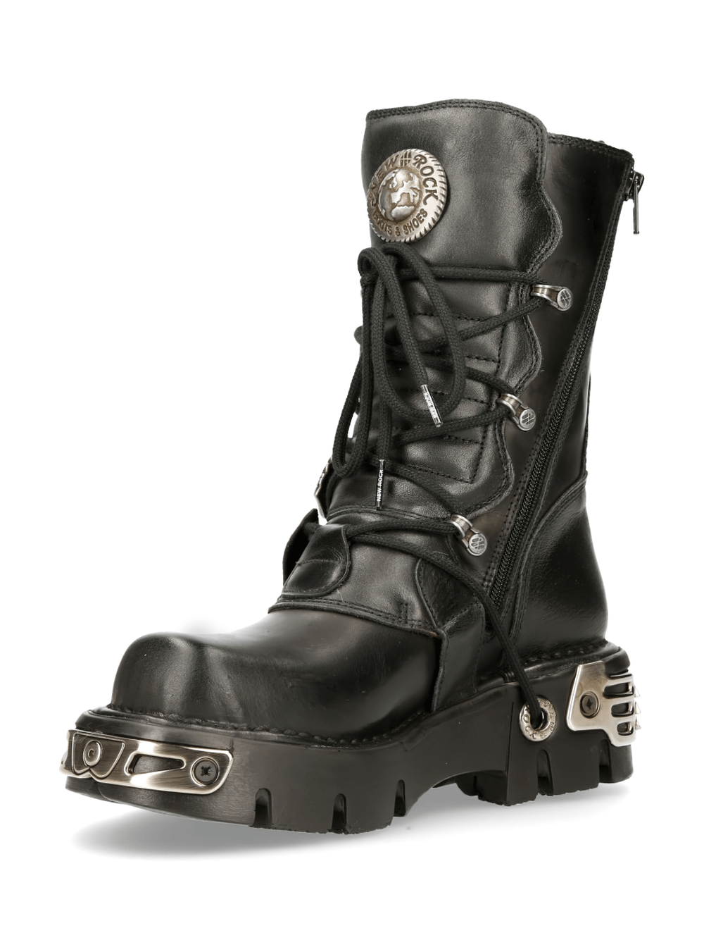 NEW ROCK Men's Black Reactor Buckle-Laced Boots with metallic accents and zipper, stylish urban footwear.