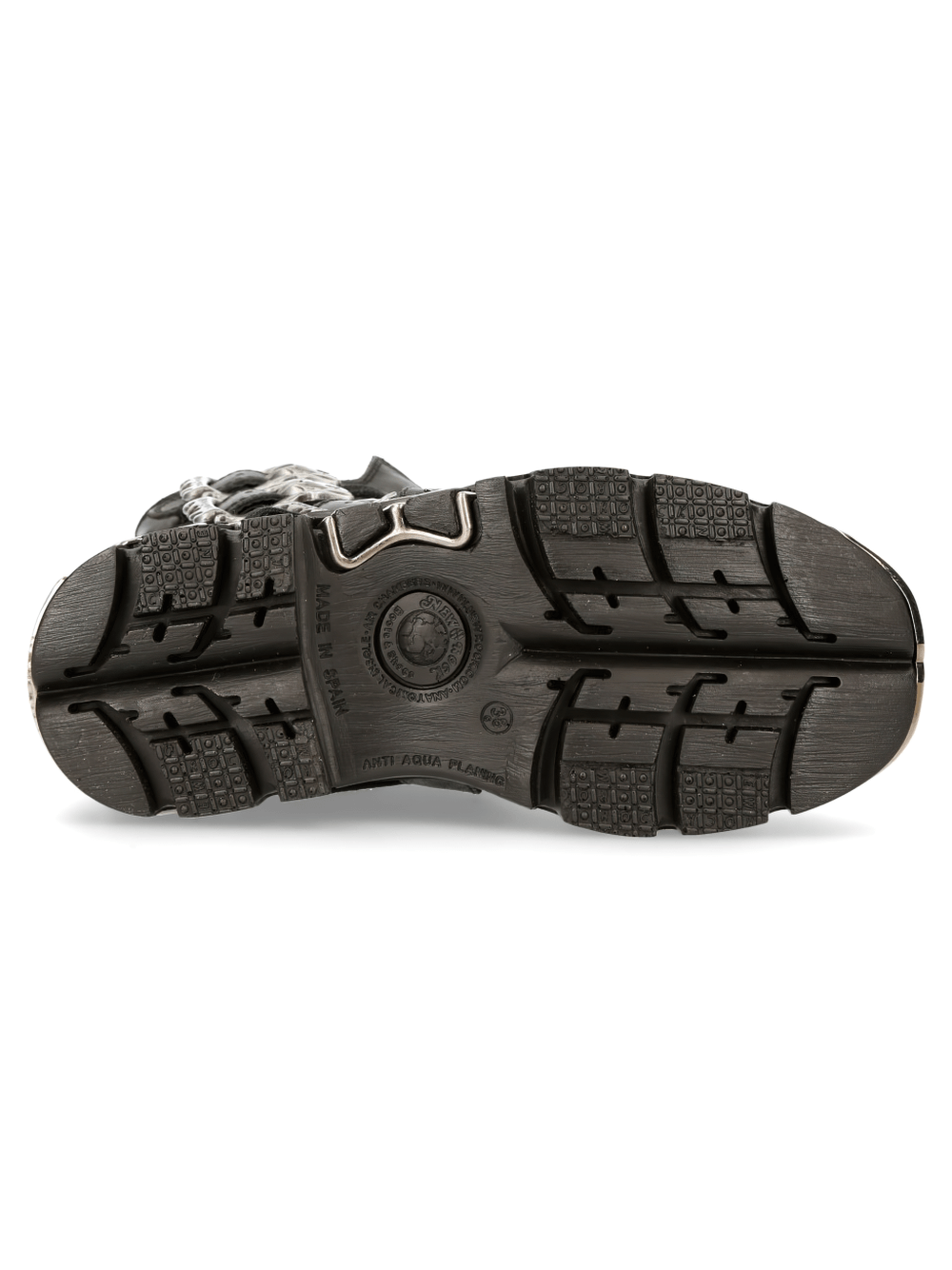Sole of NEW ROCK Men's Rugged Black Reactor Buckle-Laced Boots with robust design and detailed traction pattern.