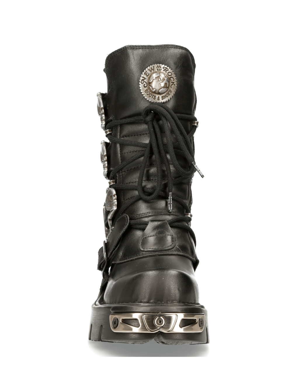 NEW ROCK Men's Black Reactor Buckle-Laced Boots with metallic accents and rugged design.