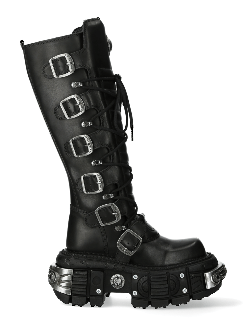 Black rugged gothic high boot with multi-fasteners, platform sole, and lace-up design.