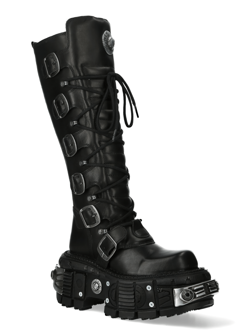 Rugged black high boots with buckles, laces, and a thick platform for a bold gothic punk-rock style.