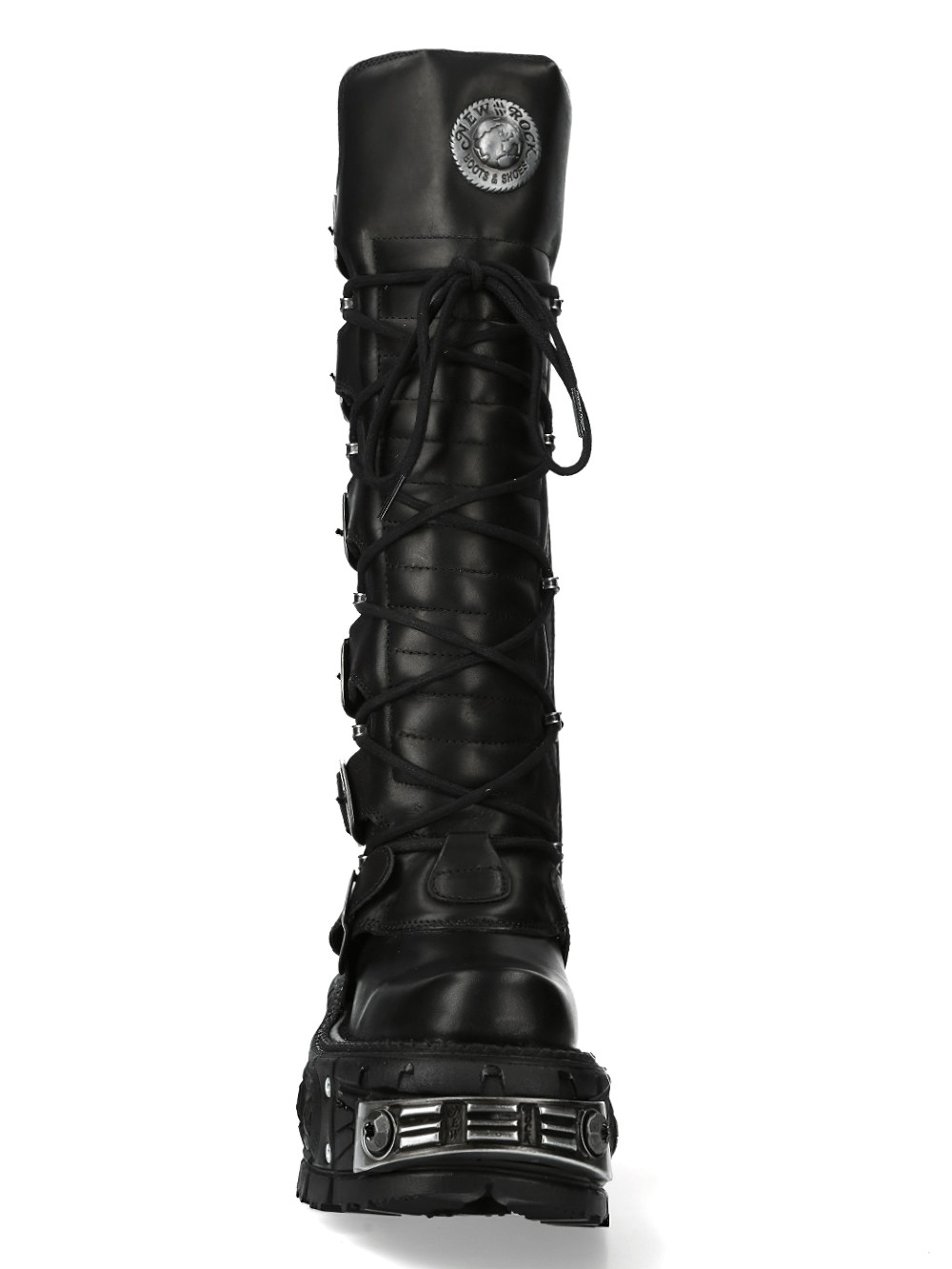 Black gothic high boots with laces, buckles, and platform, showcasing punk-rock style and genuine leather.