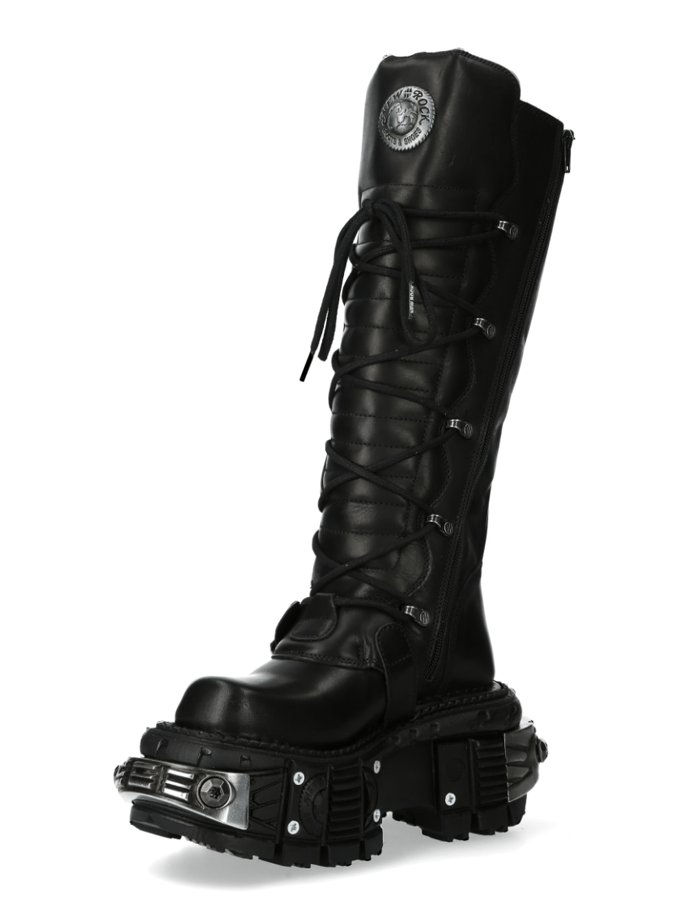 NEW ROCK Rugged Gothic High Boots featuring black leather, laces, buckles, and a striking platform design.