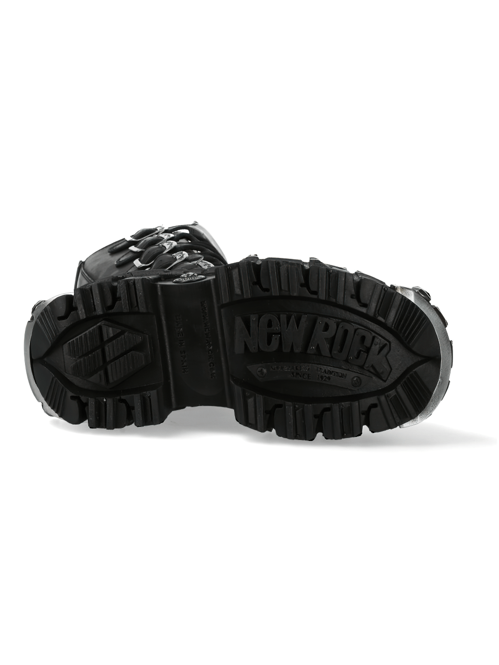 Bottom view of NEW ROCK rugged gothic high boots featuring a textured sole and multi-fastener design.