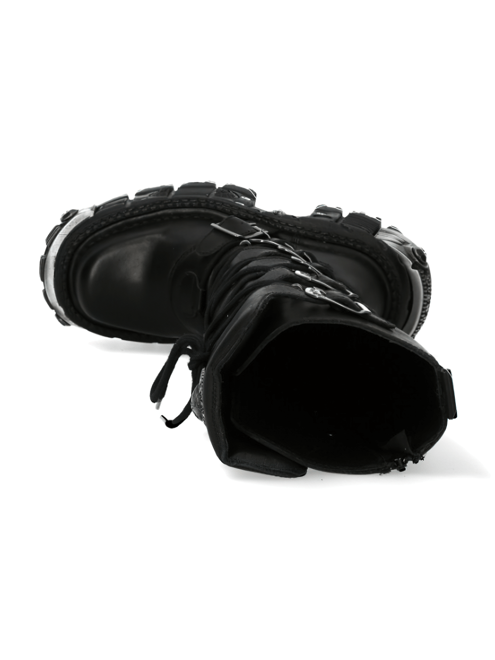 Black rugged gothic high boots featuring laces, buckles, and a stylish platform design.