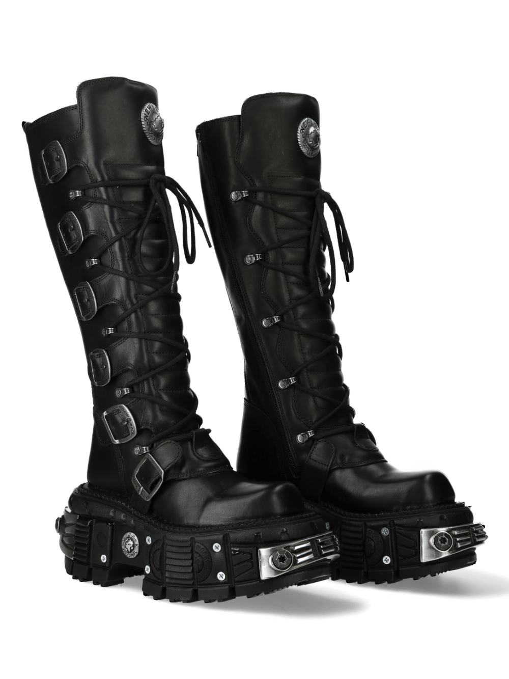 NEW ROCK Black Gothic High Boots with buckles, laces, and platform for a punk-rock edge.