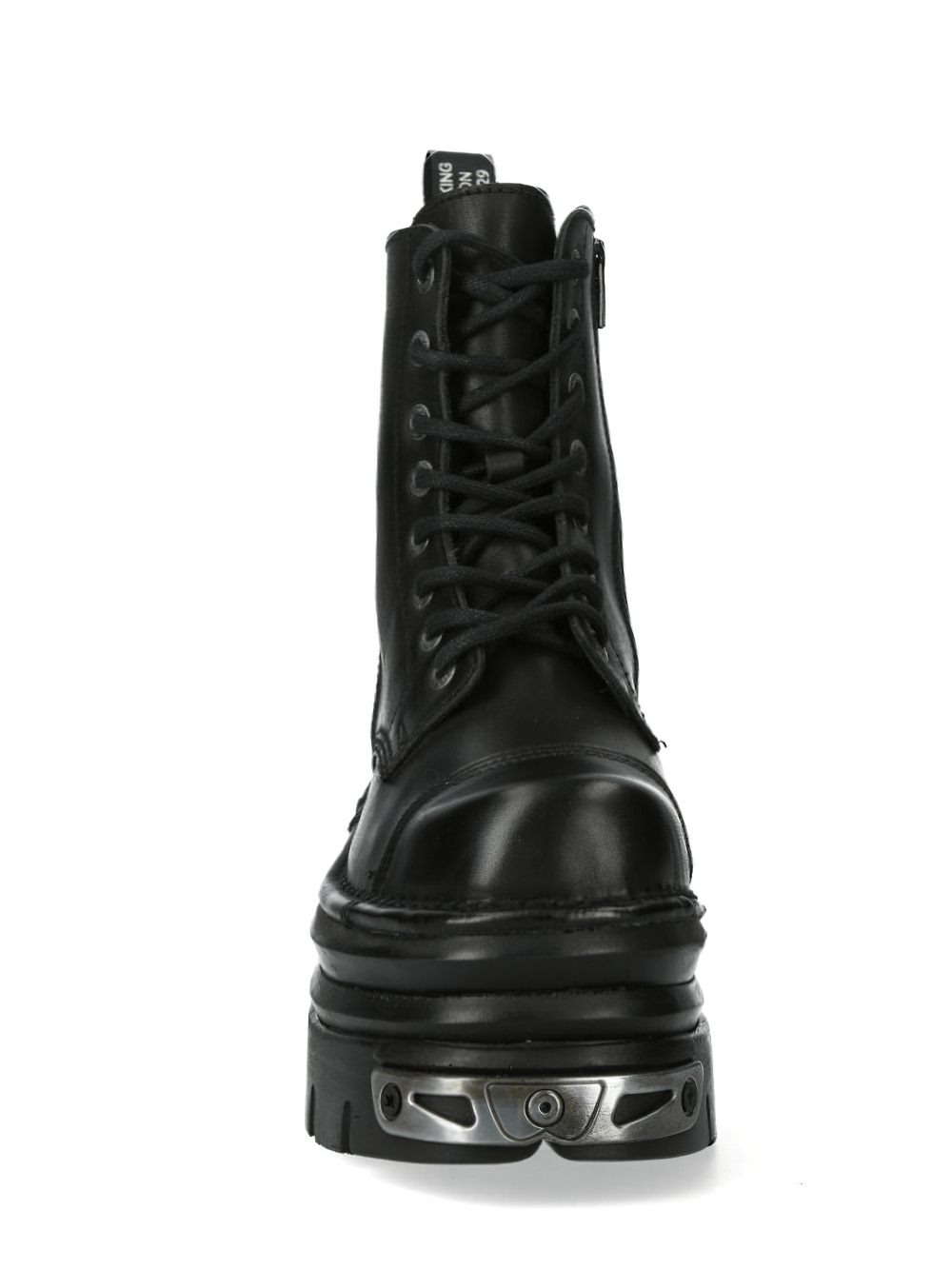 NEW ROCK rugged black lace-up ankle boots featuring metal details and a chunky rubber sole.