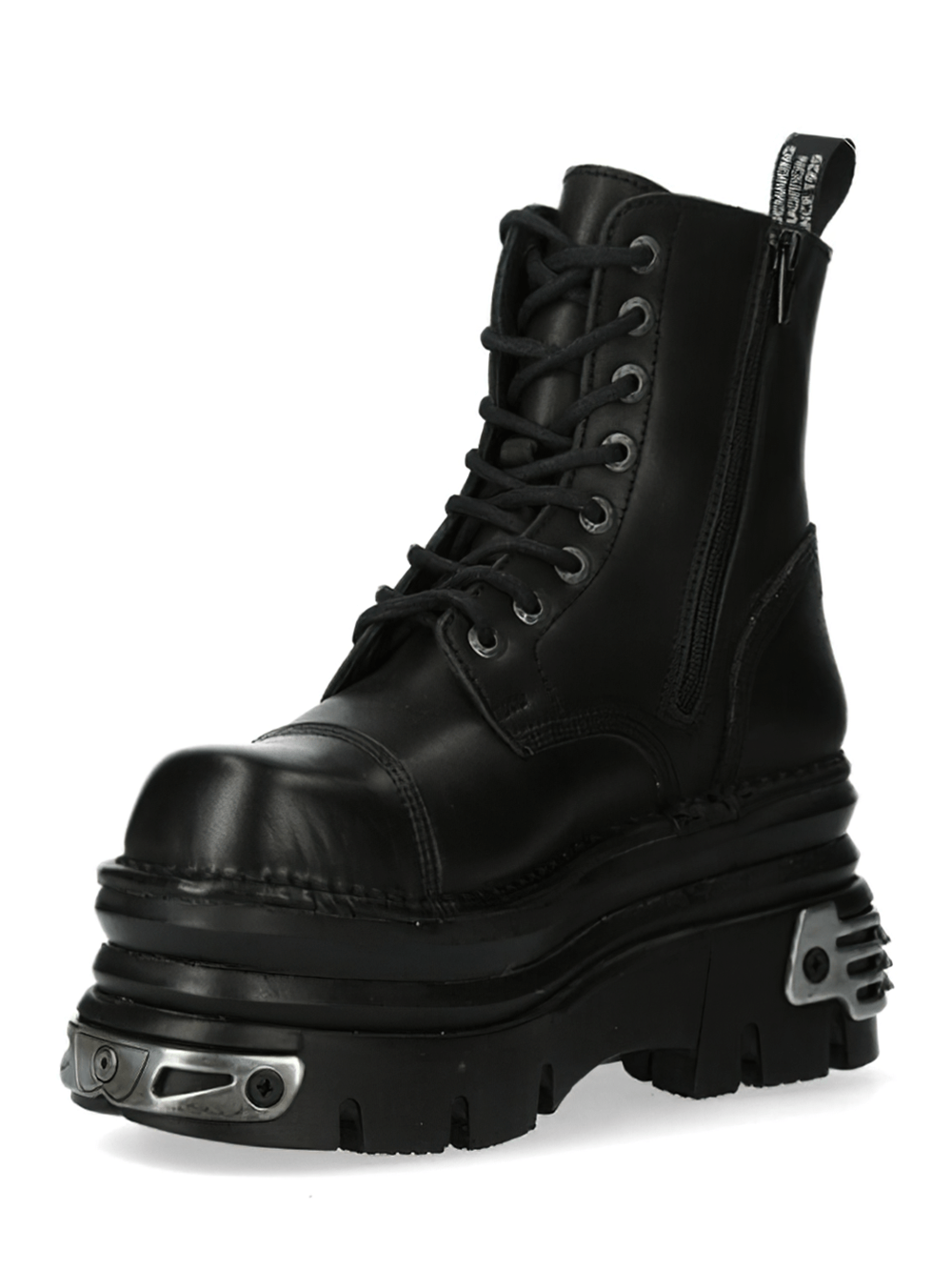 NEW ROCK Gothic military style lace-up ankle boots with metal details and chunky sole for durability and comfort.