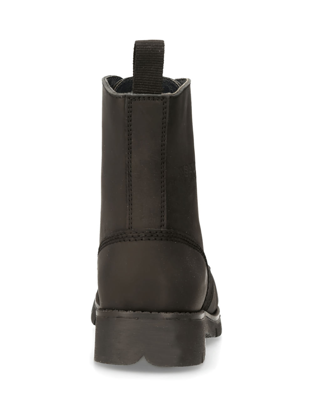 Back view of NEW ROCK Men's Rugged Black Tactical Leather Boots with a sturdy platform heel.