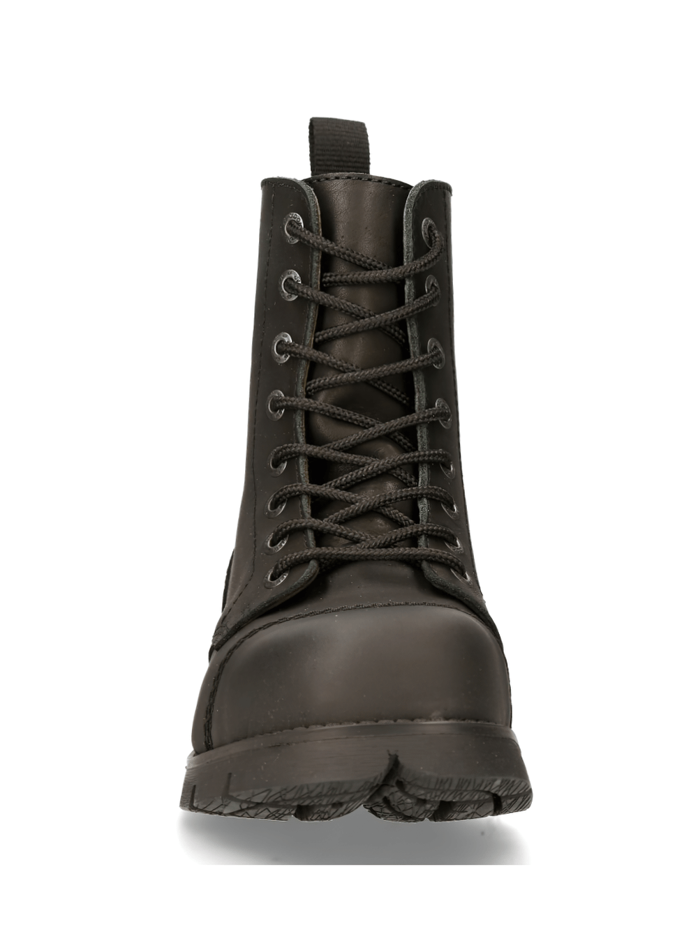 Front view of NEW ROCK Men's black tactical leather boots, showcasing sturdy lace-up design and military-inspired style.
