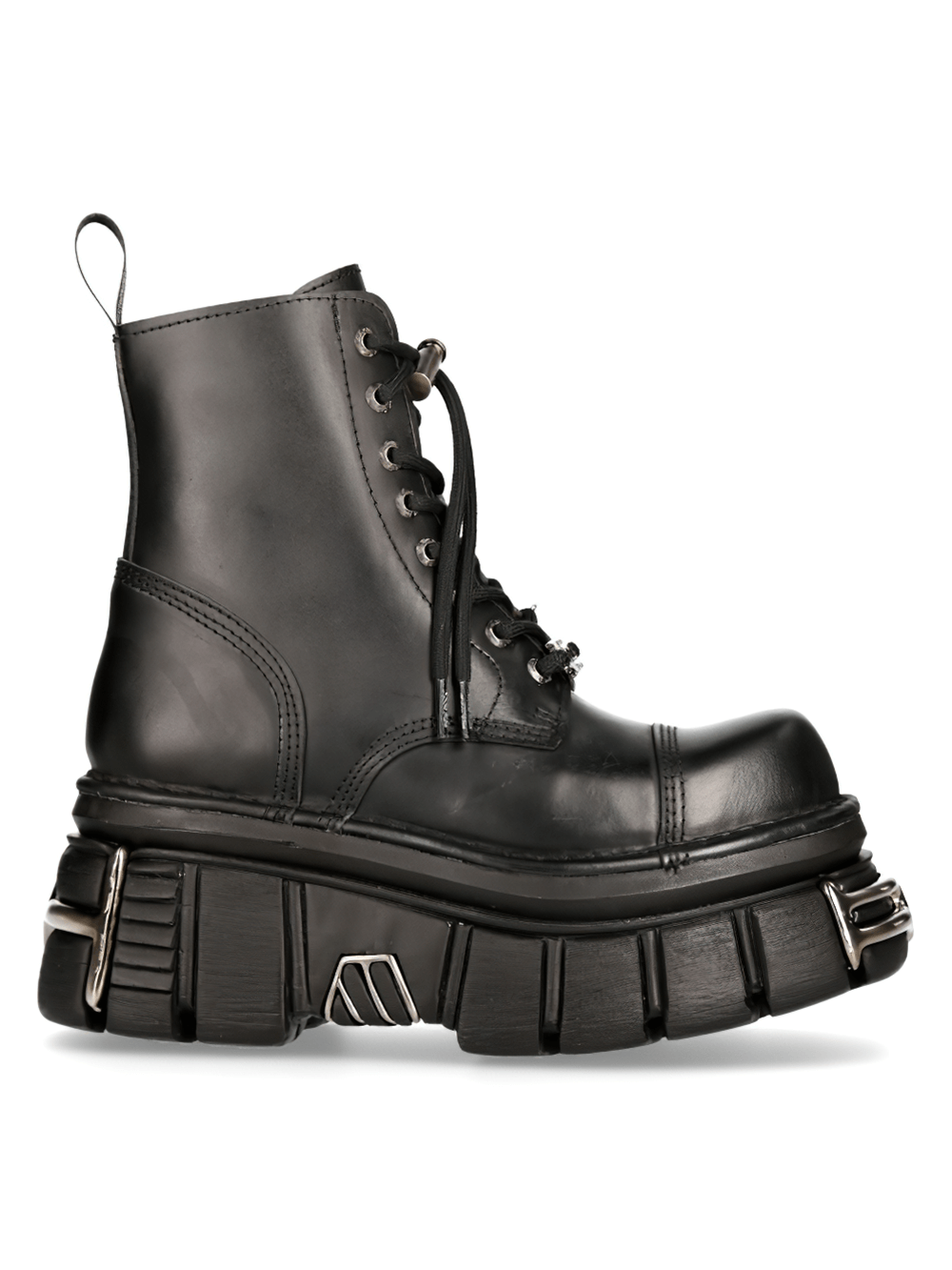 Gothic black lace-up metallic military boots with chunky sole and metal details, showcasing bold New Rock style.