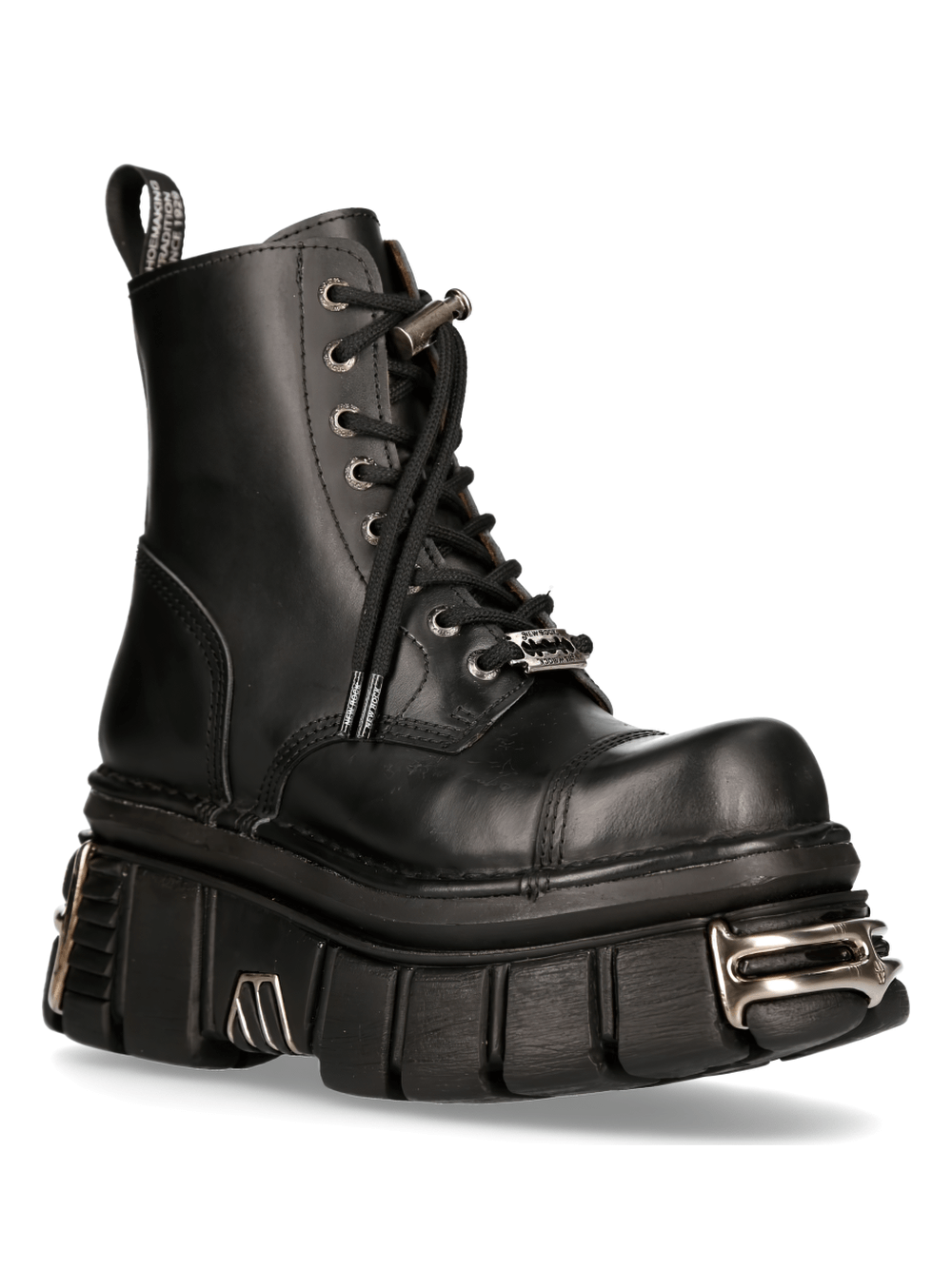 NEW ROCK Men's Gothic Black Lace-Up Military Boots with Metallic Sole Details for a bold statement.