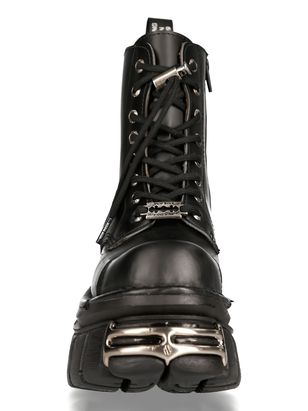 Front view of NEW ROCK Men's Gothic Black Lace-Up Metallic Military Boots with metal details on sole.