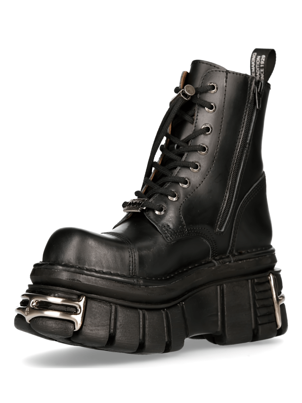 Gothic black lace-up metallic military boots with unique platform sole and metal details, perfect for bold fashion statements.