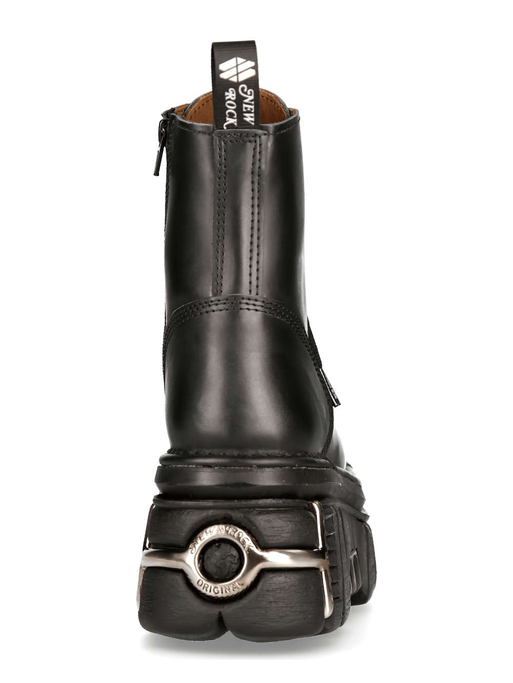 Back view of NEW ROCK Men's Rugged Lace-Up Metallic Military Boots with Gothic design and striking metal details.