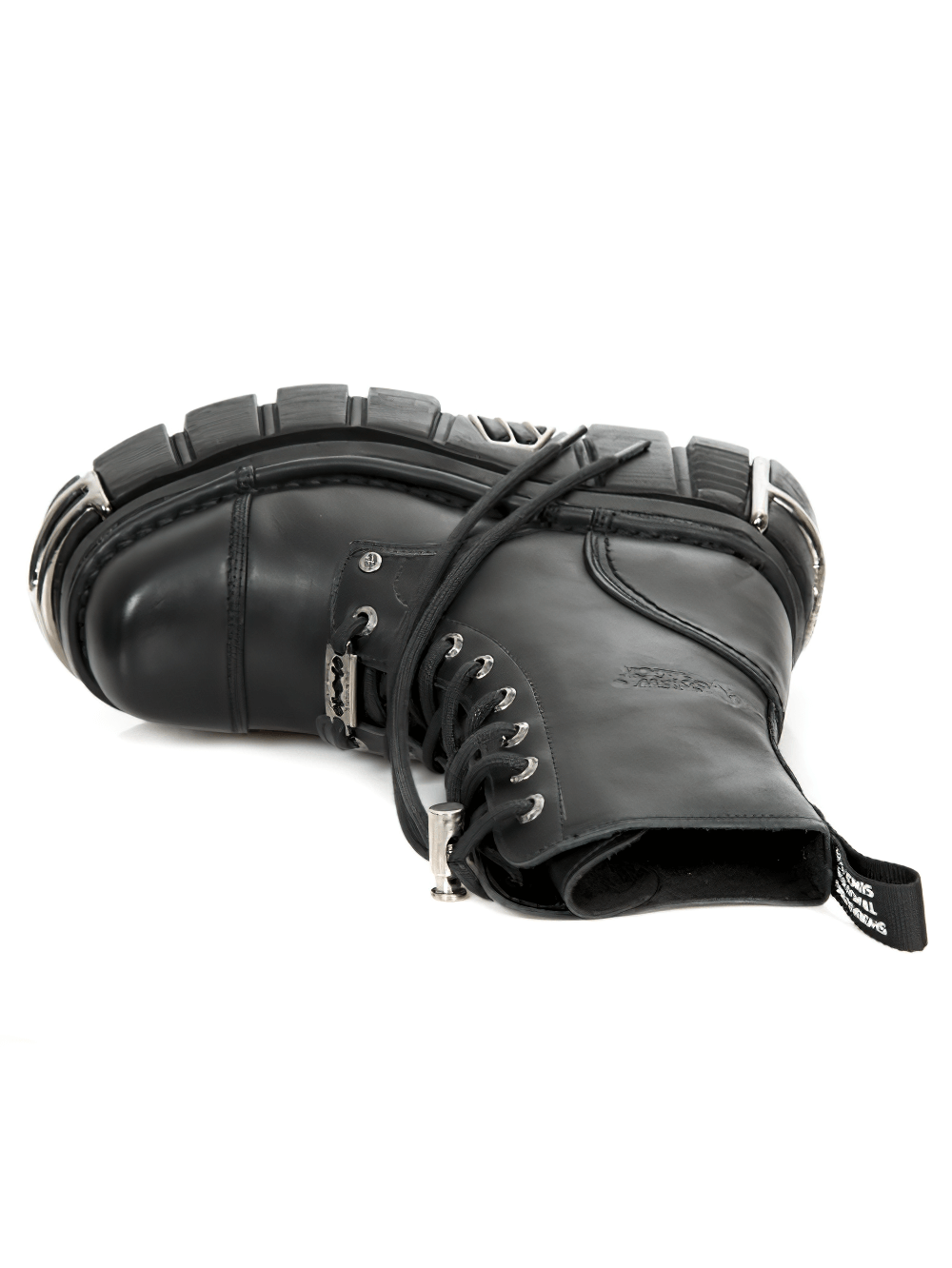 Gothic black metallic military boots with lace-up design and robust sole details, embodying New Rock's daring aesthetics.