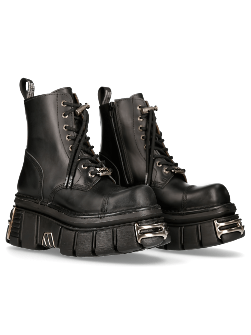 NEW ROCK Men's Gothic Black Lace-Up Metallic Military Boots with chunky sole and metal details.