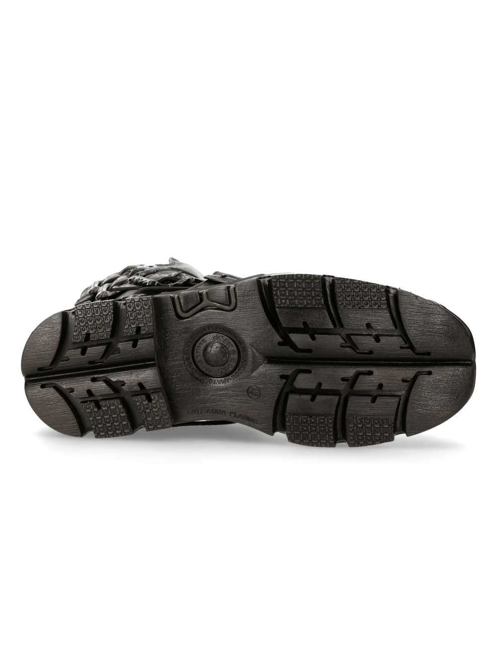 Sole view of NEW ROCK Men's Rugged Lace-Up Military Boots showcasing robust tread design for durability.