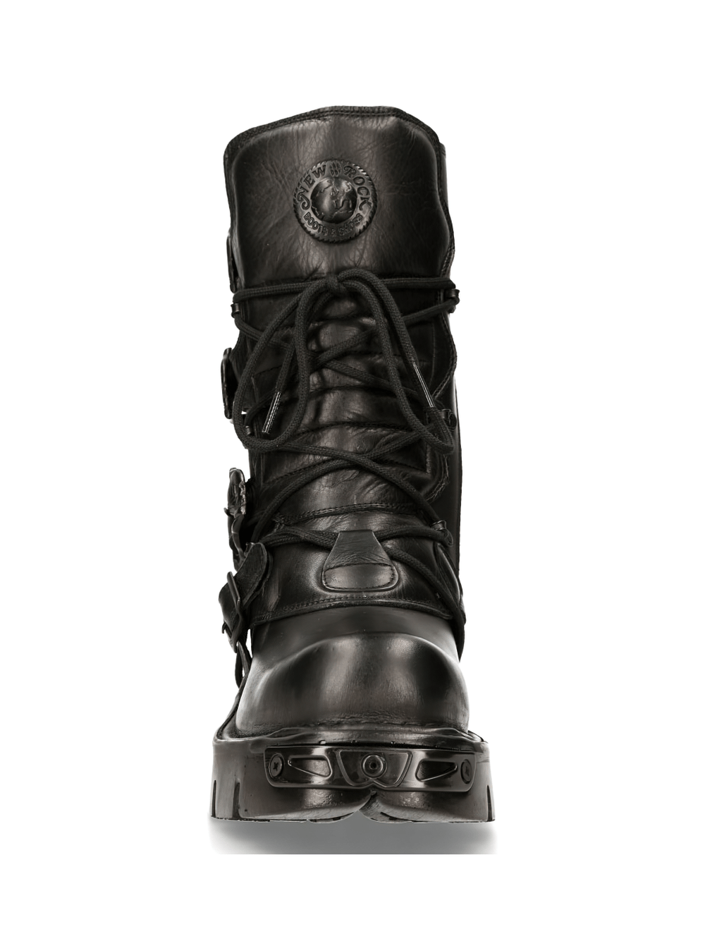 NEW ROCK Men's black lace-up military boots with buckles, showcasing durable leather and sturdy rubber sole.