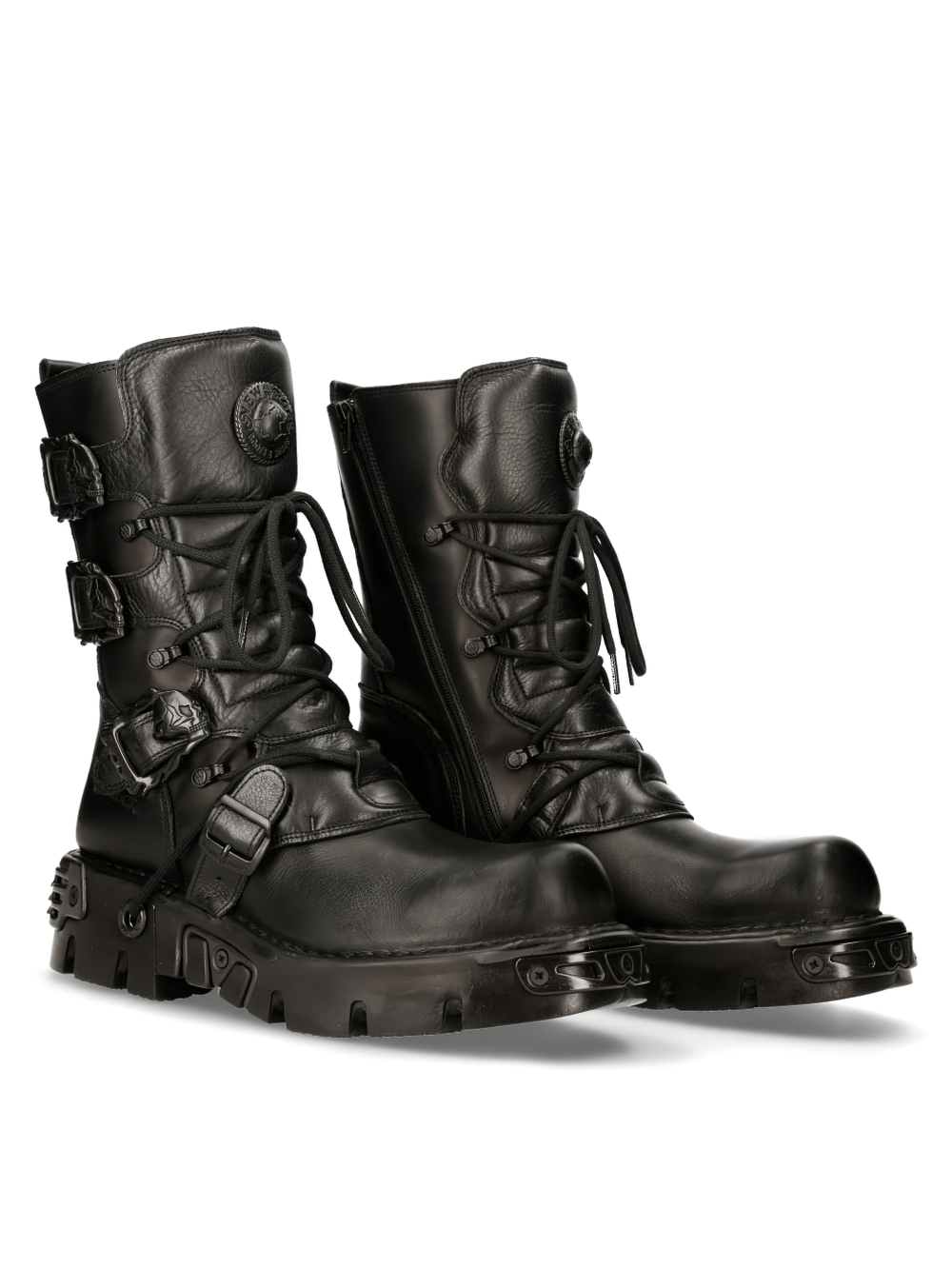 NEW ROCK Men's black lace-up military boots with buckles, designed for rugged durability and stylish edge.
