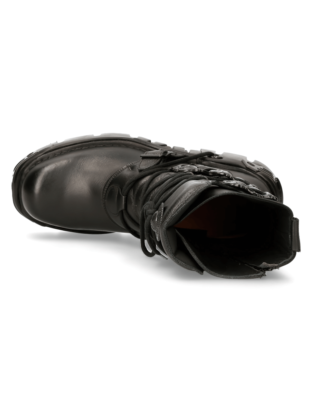 Top view of NEW ROCK Men's rugged black lace-up military boots with buckles and durable leather design.