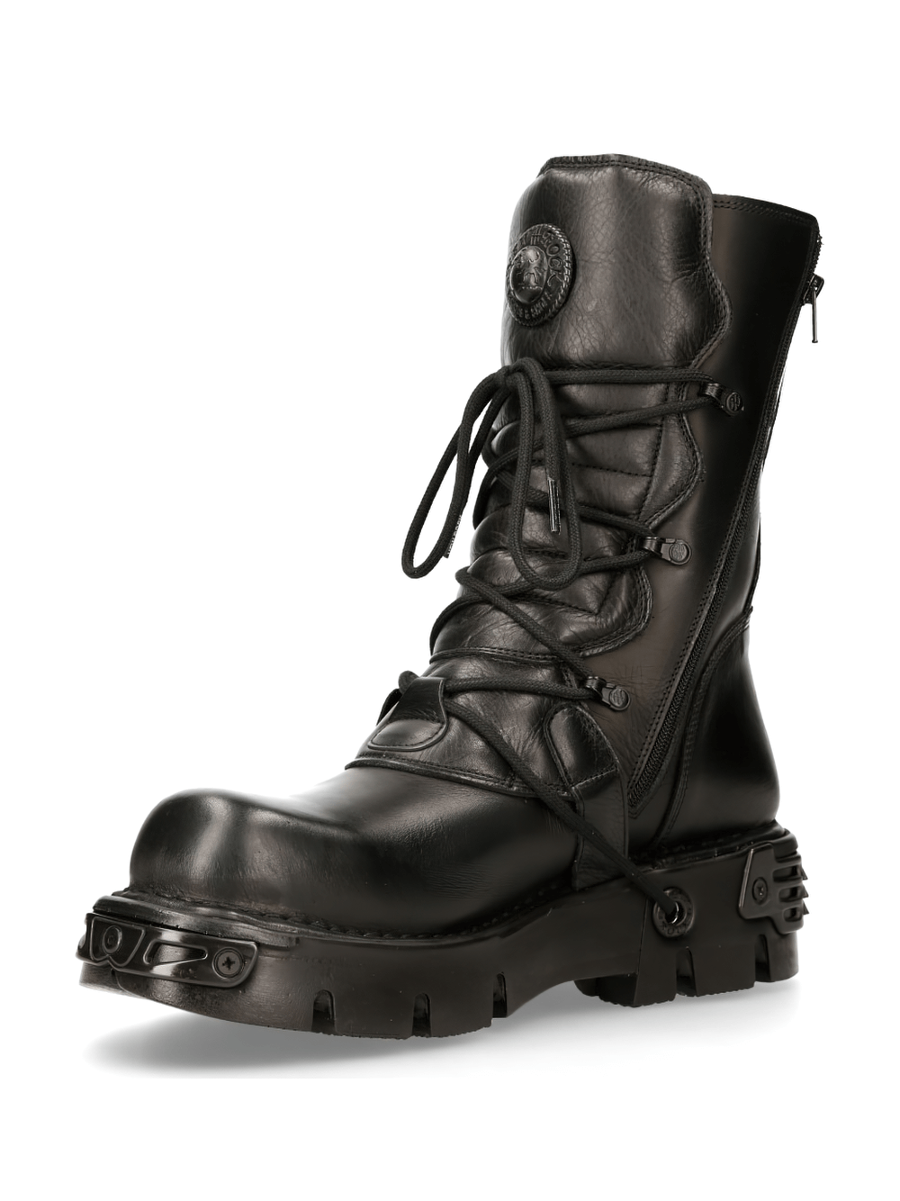 NEW ROCK Men's Lace-Up Military Boots in black with buckle, featuring a rugged design and durable genuine leather.