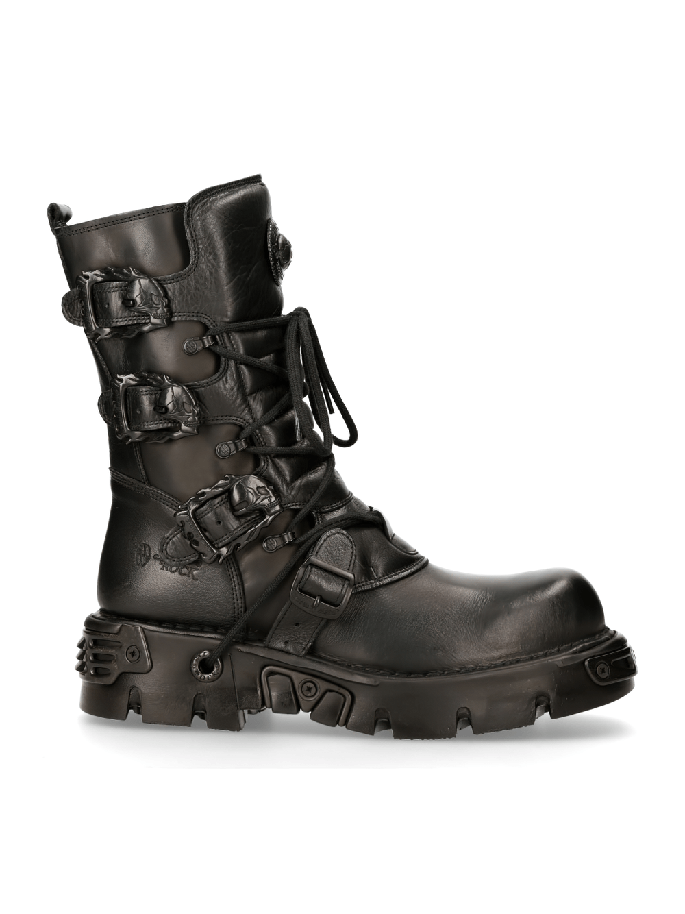 NEW ROCK Men's stylish black military boots with buckles, crafted from genuine leather for durability and unique punk rock design.