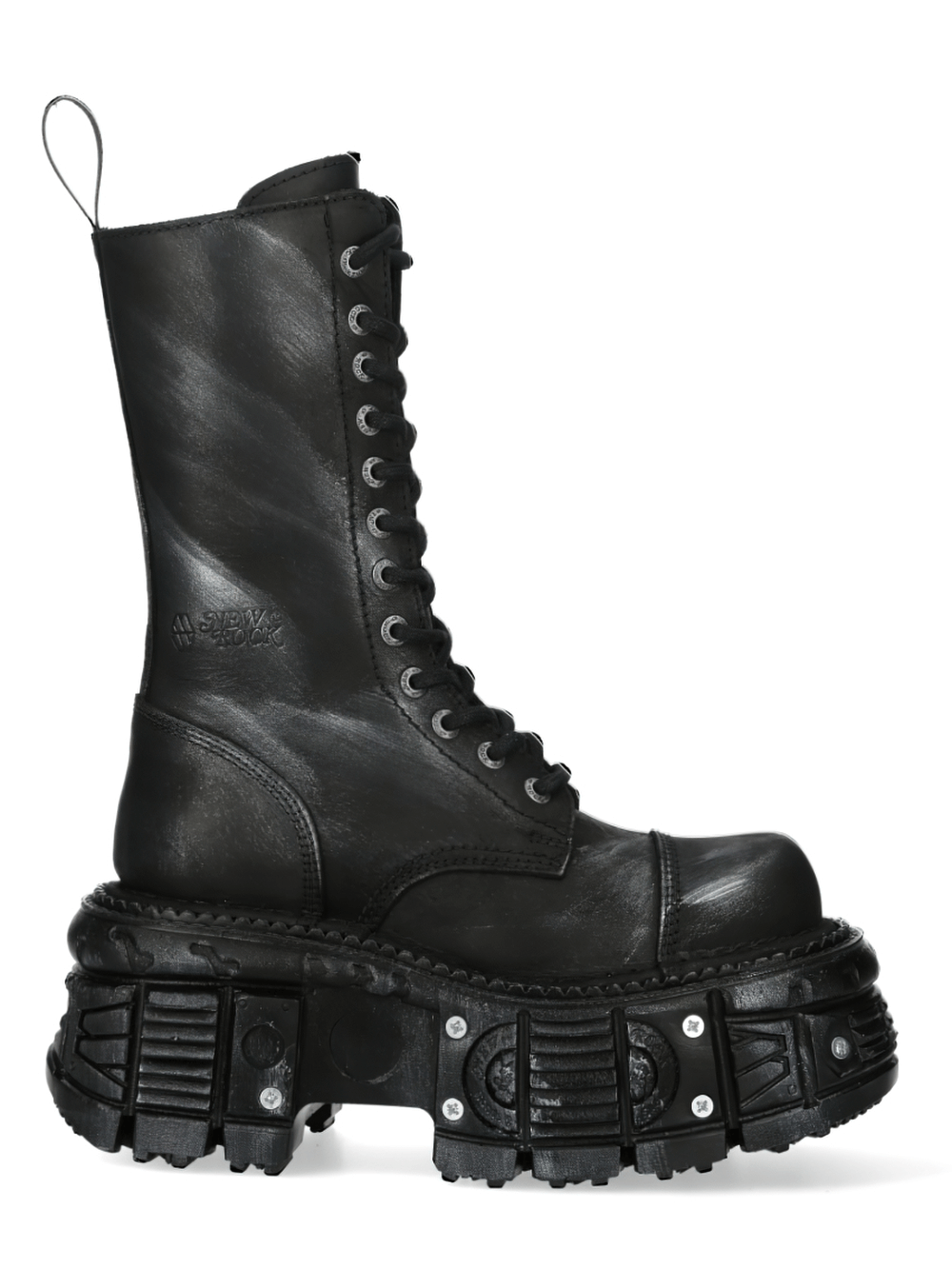 New Rock men's black leather biker combat boots with thick rubber sole and zipper, perfect for edgy motorcyclist style.